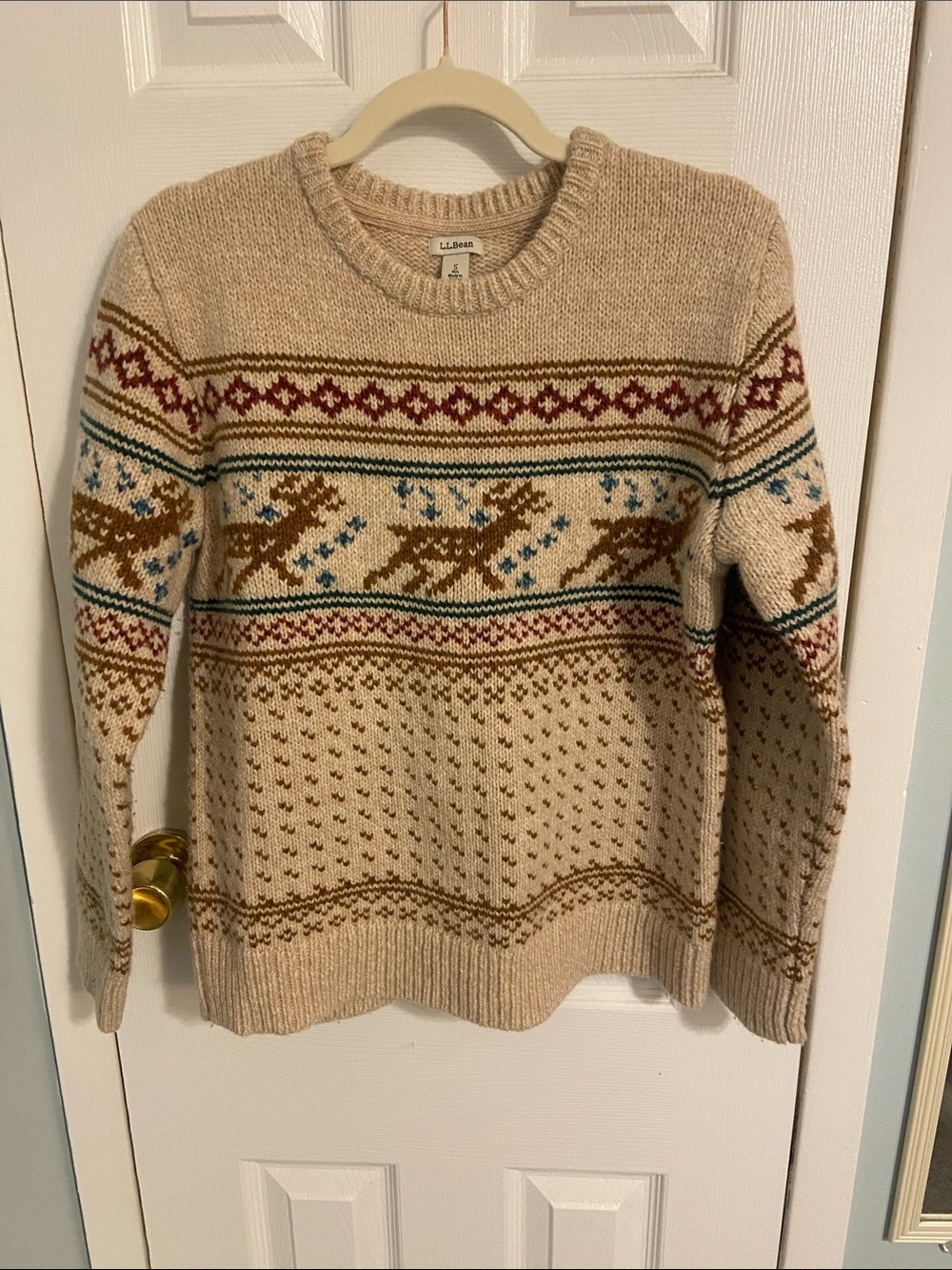 L.L. Bean Women's Cream Fair Isle Reindeer Wool Sweater